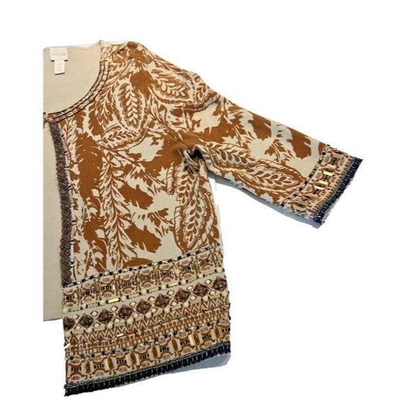Sz 3 CHICO'S Embellished Beaded 3/4 Sleeve Moroccan Leaf Print Cardigan Sweater - Picture 5 of 11